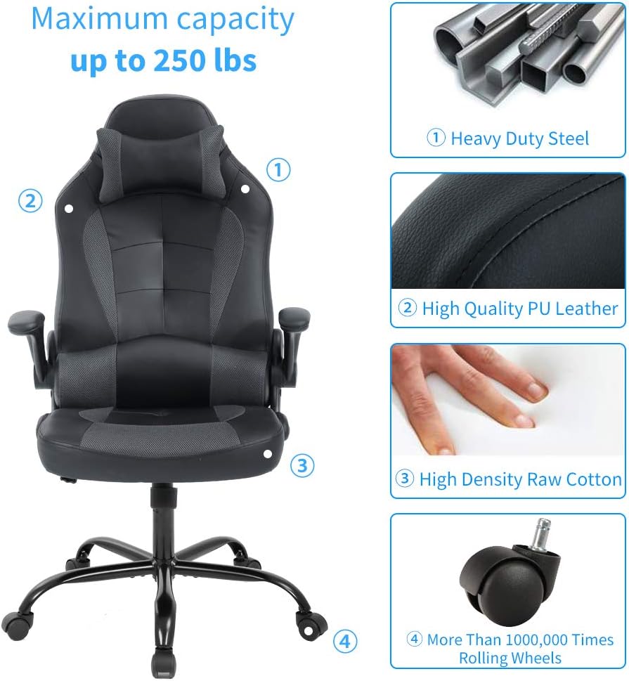 Meet Perfect Gaming Chair Ergonomic Office Desk - Leather Computer Chair With Lumbar Support and Head Pillow - Modern Executive Adjustable Rolling Swivel Task Chair for Home Office, Grey