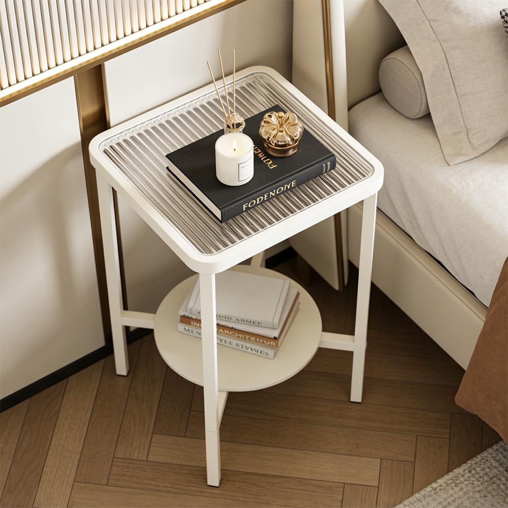 2-Tier Small End Table Side Table for Living Room, Boho Night Stand Square Nightstand with Tempered Glass Tabletop & Marble Storage Shelf, Accent Side Table for Small Spaces, Bedroom, Outdoor (White)