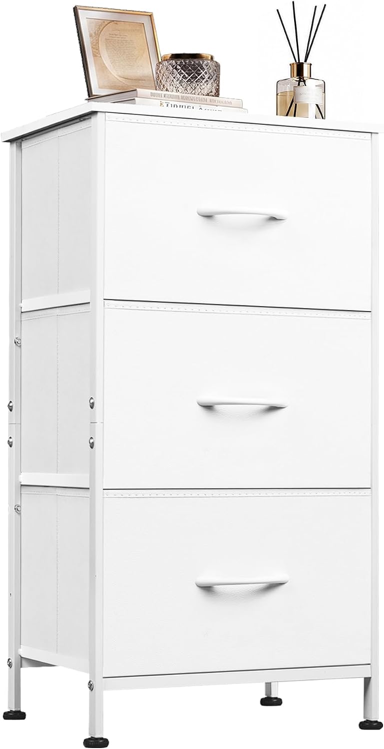 WLIVE Nightstand with 3 Drawers, Fabric Dresser, Organizer Unit, Storage Dresser for Bedroom, Hallway, Entryway, Closets, Sturdy Steel Frame, Wood Top, Easy Pull Handle, White