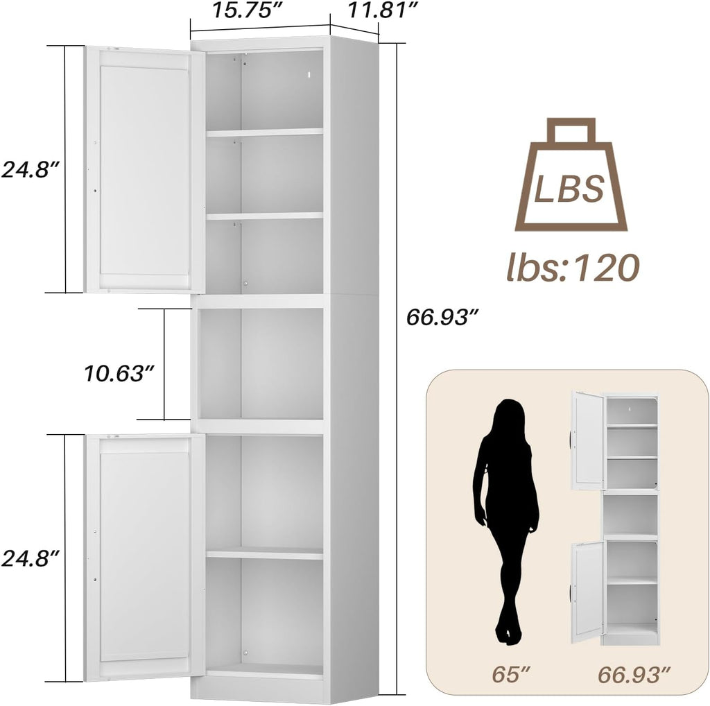 67" Tall Narrow Bathroom Storage Cabinet, Slim Metal Cabinet with Doors and Adjustable Shelves, Freestanding Pantry Organizer for Small Spaces, Bathroom, Kitchen, Laundry Room, Living Room, White