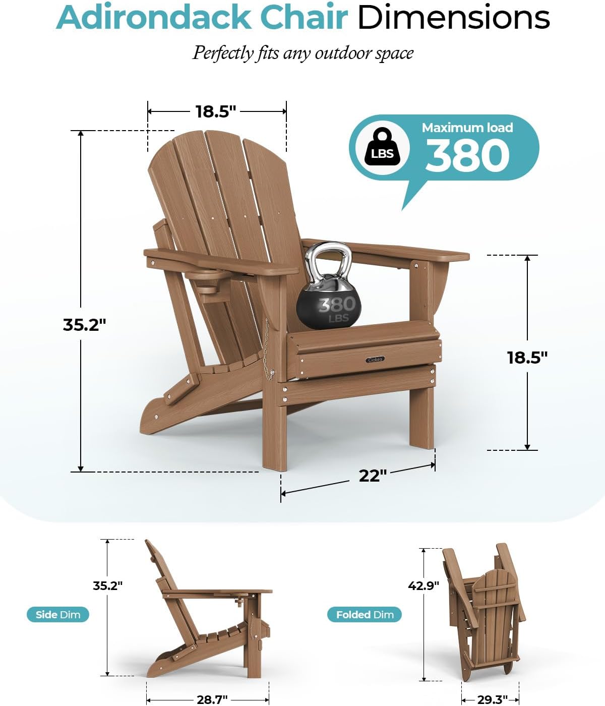 Ciokea Folding Adirondack Chair Wood Texture, Patio Adirondack Chair Weather Resistant, Plastic Fire Pit Chair with Cup Holder, Lawn Chair for Outdoor Porch Garden Backyard Deck (Teak)