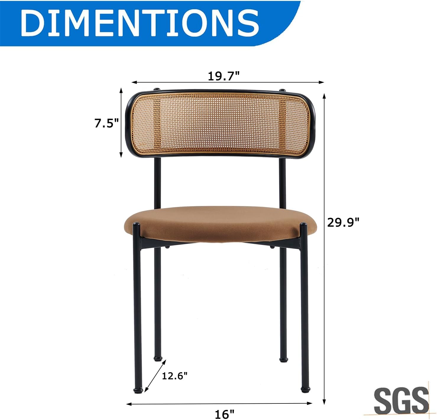 Rattan Dining Chairs Set of 6, Velvet Mid-Century Modern Upholstered Dining Chairs with Woven Cane Backrest, Brown Kitchen Dining Room Chairs
