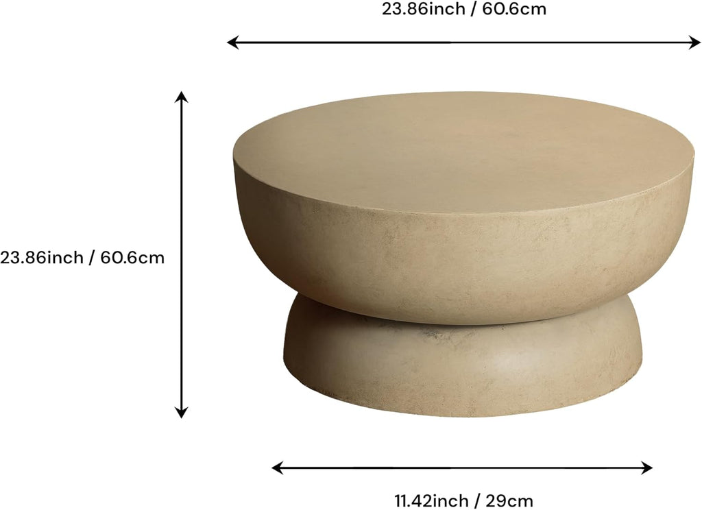 Round End Table, Modern Concrete Side Table with Sculptural Pedestal Base, Low Profile Accent Table for Living Room Bedroom Patio, 23.8" Beige