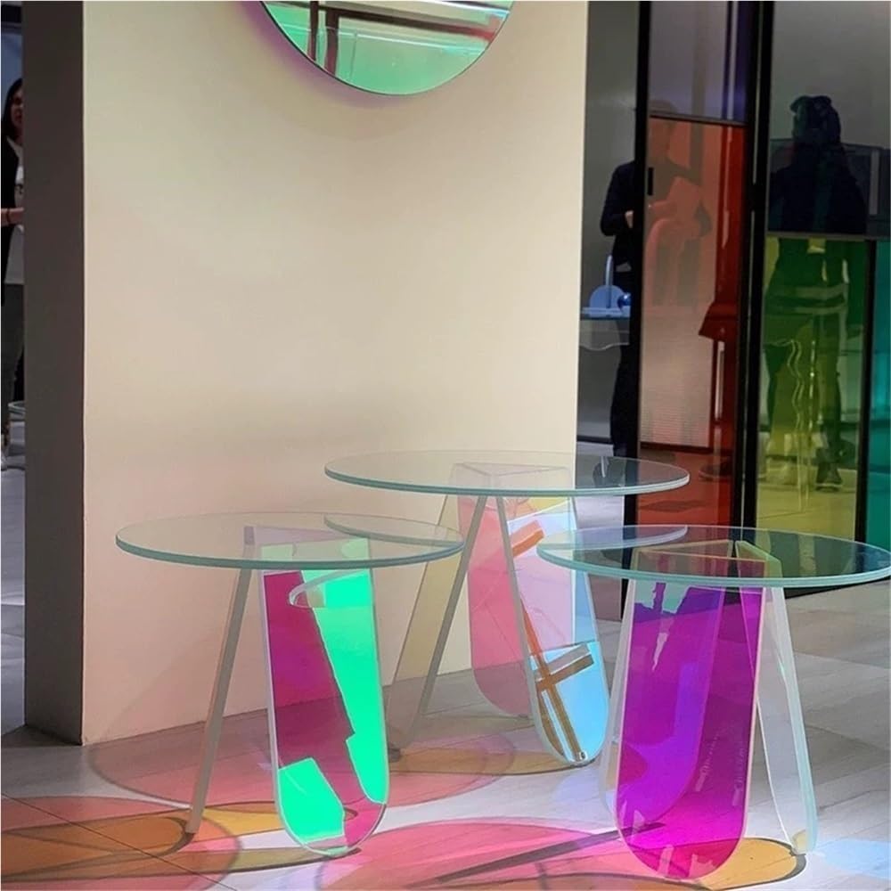 Acrylic Iridescent Side Table Round Clear Coffee End Table Accent Sofa Table for Living Room with Light-Refracting Rainbow Hues Heavy Duty(40 * 40 * 40cm)