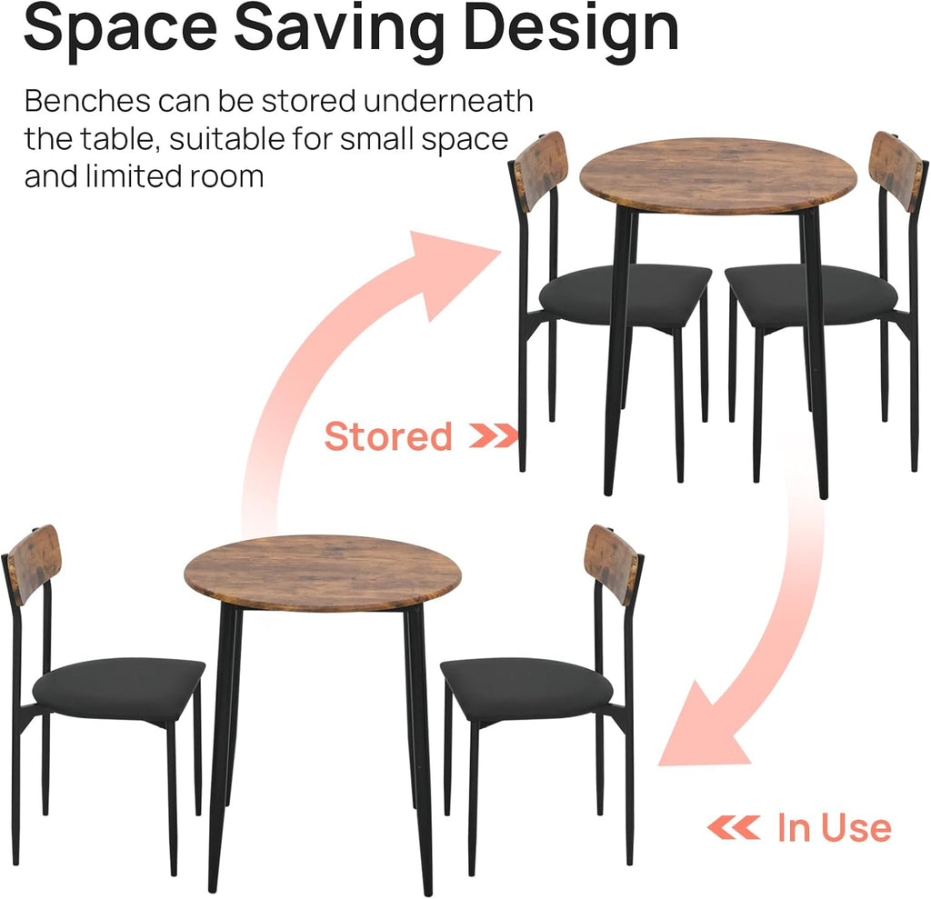Round Dining Table Set for 2, 3-Piece Wood Tabletop Samill Kitchen Table and Chairs with Strong Metal Frame, Modern Dinette with Chairs for Small Spaces Living Room (Brown)