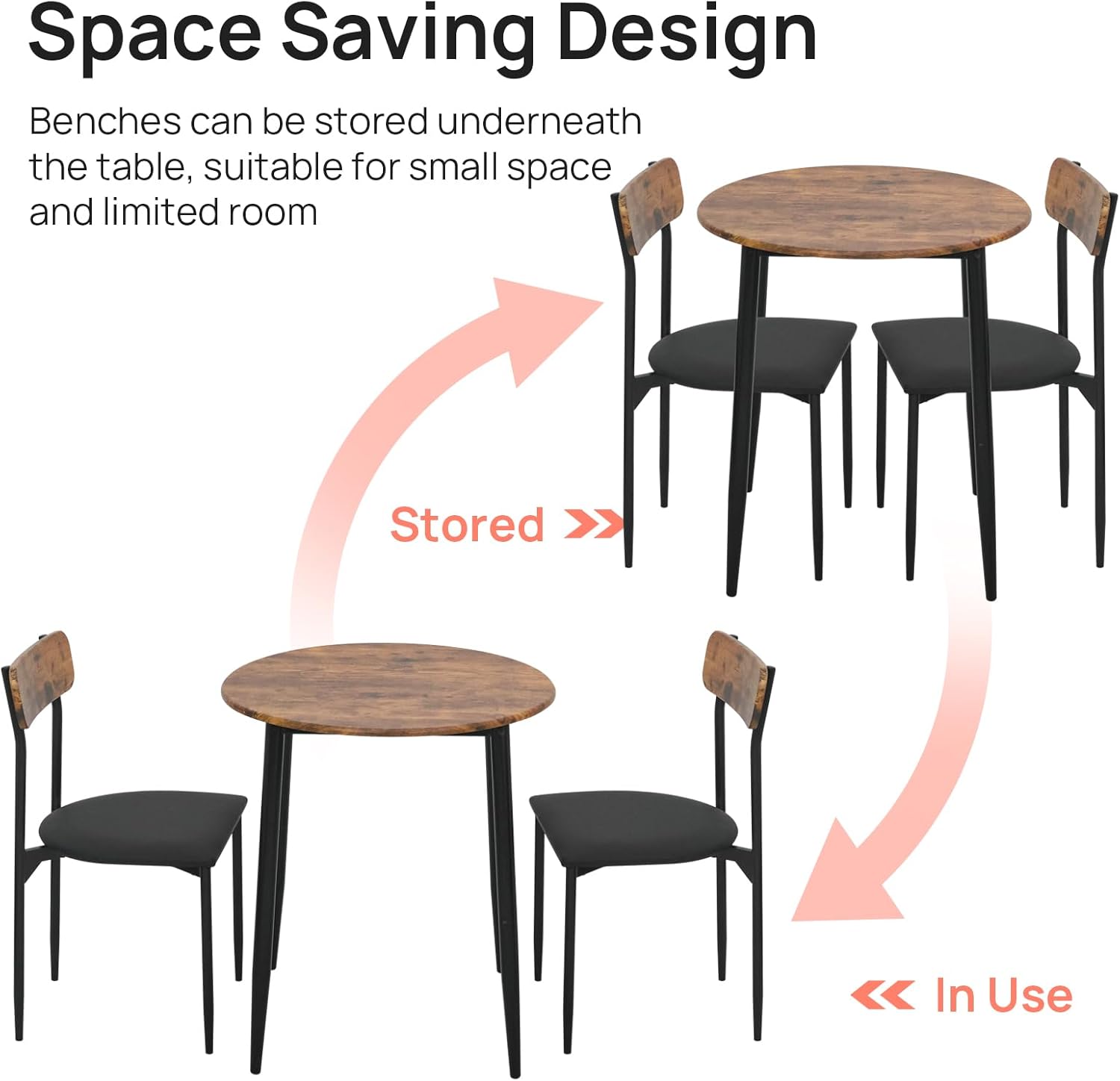 Round Dining Table Set for 2, 3-Piece Wood Tabletop Samill Kitchen Table and Chairs with Strong Metal Frame, Modern Dinette with Chairs for Small Spaces Living Room (Brown)