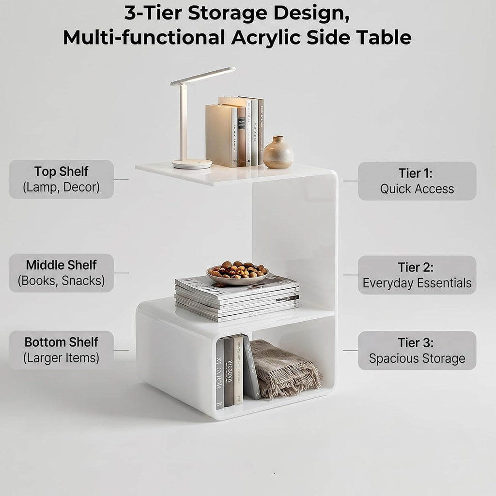 Acrylic End Table, 21.6" H C-Shaped End Table, Side Table for Living Room, Bedside Table for Bedroom, Acrylic Clear C Side Table (White)