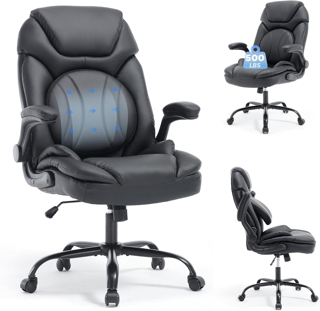 Ergonomic Executive Office Chair with Flip up Arms, Wide Seat Big and Tall Office Desk Chairs with Back Lumbar Support for Back Pain, Black Leather