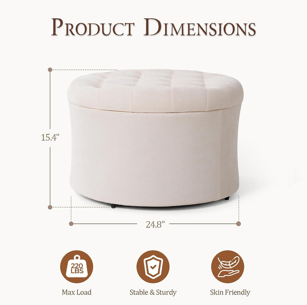 ONBRILL 25" Round Ottoman with Hidden Storage, Ottoman Foot Rest & Storage Stool for Blanket, Chenille Fabric Foot Rest for Couch, Bedroom, Living Room, Corner, or Apartment, Accent Home Decor, Beige