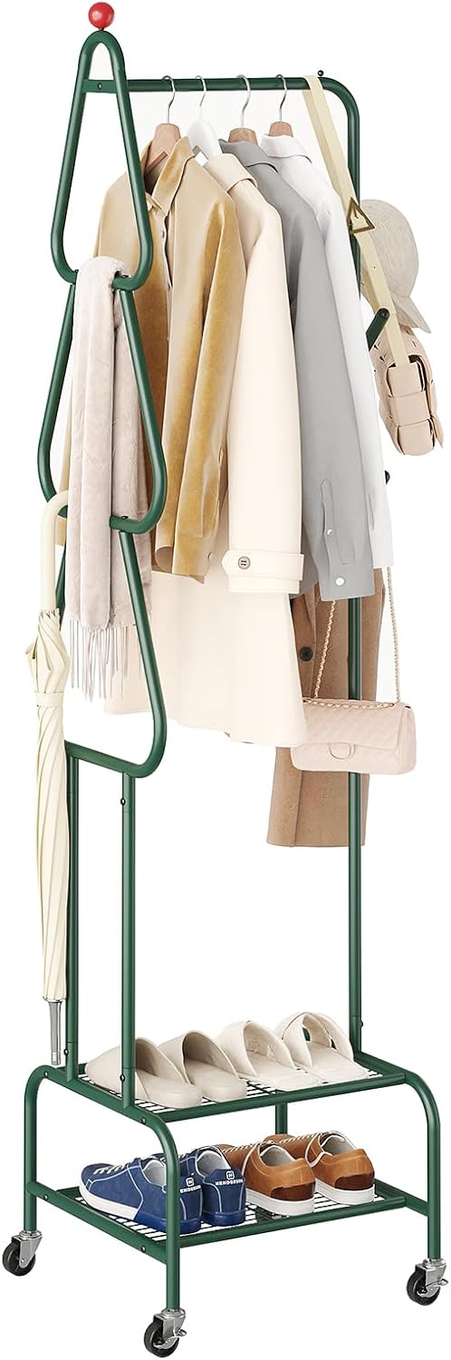 viewcare Coat Rack with Wheels, 4 Hooks Rolling Garment Rack, 360° Swivel Wheels with Brake, Heavy Duty Metal Rustproof for Entryway Bedroom