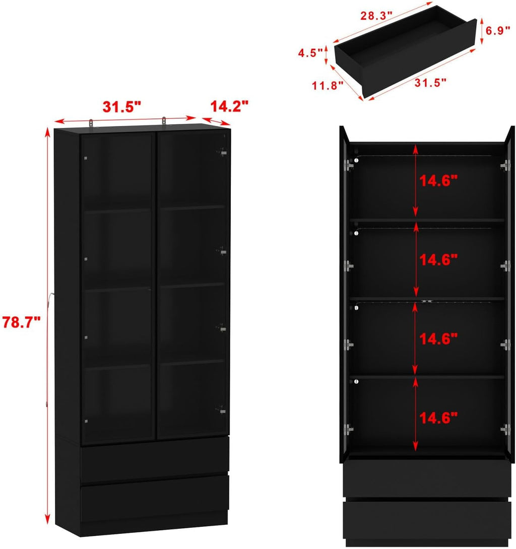 Modern LED Display Cabinet with 2 Storage Drawers, 4-Tier Aluminum Frame Tempered Glass Showcase, Push-to-Open Design, for Collectibles, Black 31.5" W x 14.2" D x 78.7" H