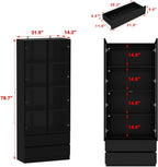 Modern LED Display Cabinet with 2 Storage Drawers, 4-Tier Aluminum Frame Tempered Glass Showcase, Push-to-Open Design, for Collectibles, Black 31.5" W x 14.2" D x 78.7" H