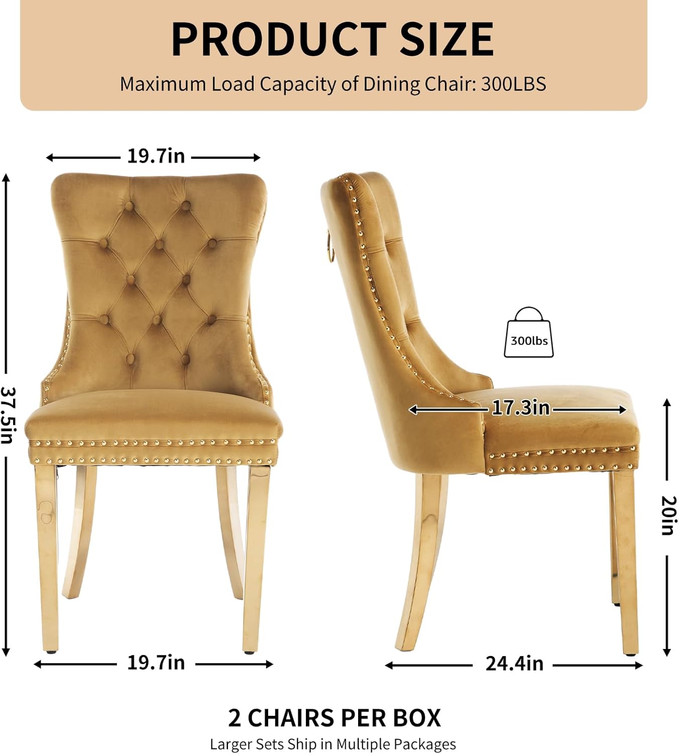 Velvet Dining Chairs Set of 4, Tufted Upholstered High Wingback Chairs with Nailhead Trim & Pull Ring, Golden Stainless Steel Legs for Dining Room, Sillas de Comedor, Gold