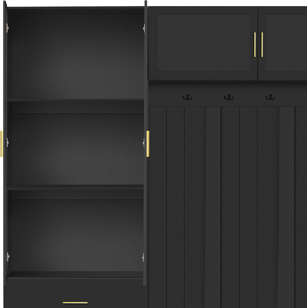 JIJIWANG Wide Hall Tree With Bench and Shoe Storage, 4-In-1 Entryway Bench with 4 Hooks, Storage Drawers and Adjustable Storage Shelves, Entryway Organizer for Mudroom, Hallway, Entrance, Black