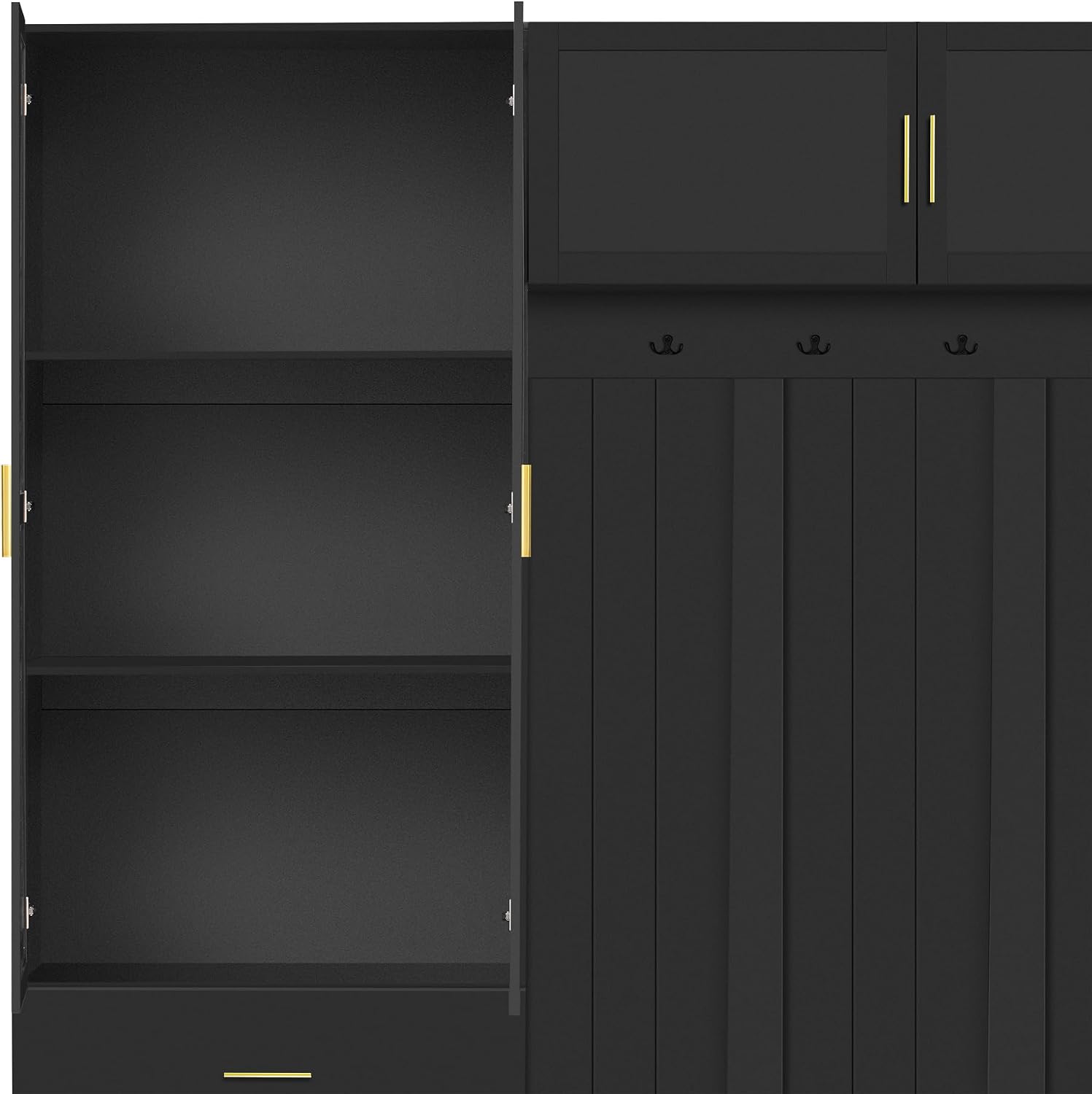 JIJIWANG Wide Hall Tree With Bench and Shoe Storage, 4-In-1 Entryway Bench with 4 Hooks, Storage Drawers and Adjustable Storage Shelves, Entryway Organizer for Mudroom, Hallway, Entrance, Black