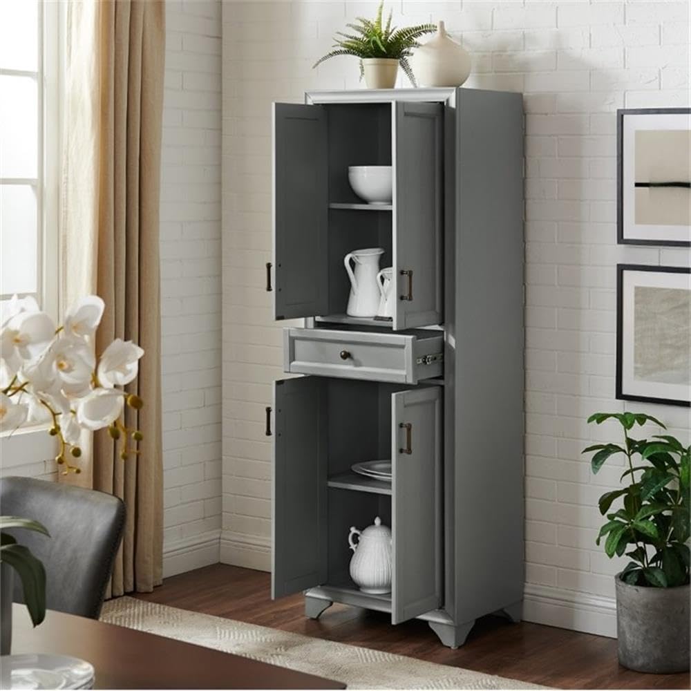 MAKLAINE Traditional Wood 4 Door Pantry, 67.75" H x 23.75" W x 15" D, MDF and Rubberwood, Distressed Gray/Black Finish, Adjustable Shelves, Full-Extension Drawer, Modern Farmhouse Kitchen Storage