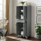 MAKLAINE Traditional Wood 4 Door Pantry, 67.75" H x 23.75" W x 15" D, MDF and Rubberwood, Distressed Gray/Black Finish, Adjustable Shelves, Full-Extension Drawer, Modern Farmhouse Kitchen Storage