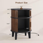ONBRILL Fluted Round End Table with Storage, Mid-Century Modern Side Table with Charging Station, Small Wood Nightstand Bedside Table for Small Space Sofa Couch Bedroom Living Room (Walnut)