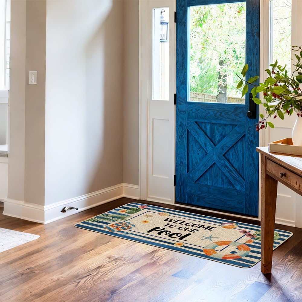 Baccessor Summer Pool Doormat 17x36 Inch Long, Welcome to Our Pool Tropical Poolside Low Profile Door Mat Non-Slip Rubber Backing for Floor Entrance Seasonal Outside Patio Porch Home Decor