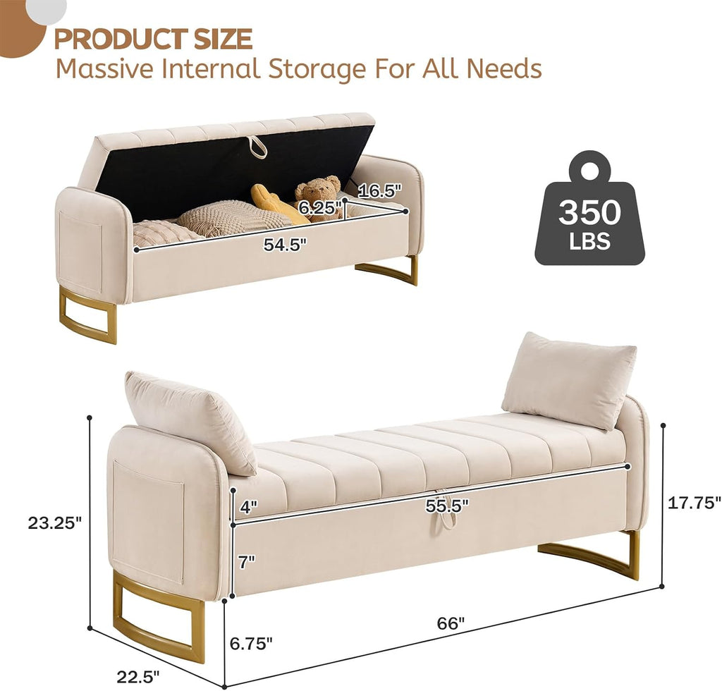 66" Storage Bench for Bedroom End of Bed, King Size Bed Bench with Golden Legs,Storage Ottoman Bench with Arms and 2 Pillows for Foot of Bed Living Room Window Entryway, Beige