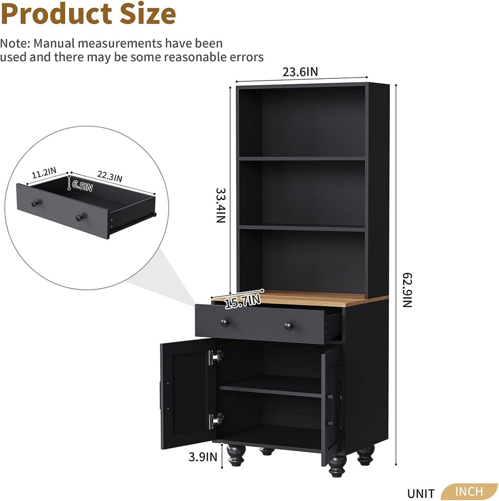 Black Kitchen Hutch Storage Cabinet, 23.6" W Small Kitchen Pantry Cabinet with Microwave Stand Freestanding Kitchens Pantry Storage Cabinet with 2 Doors, 1 Drawer and 2 Shelves, Black