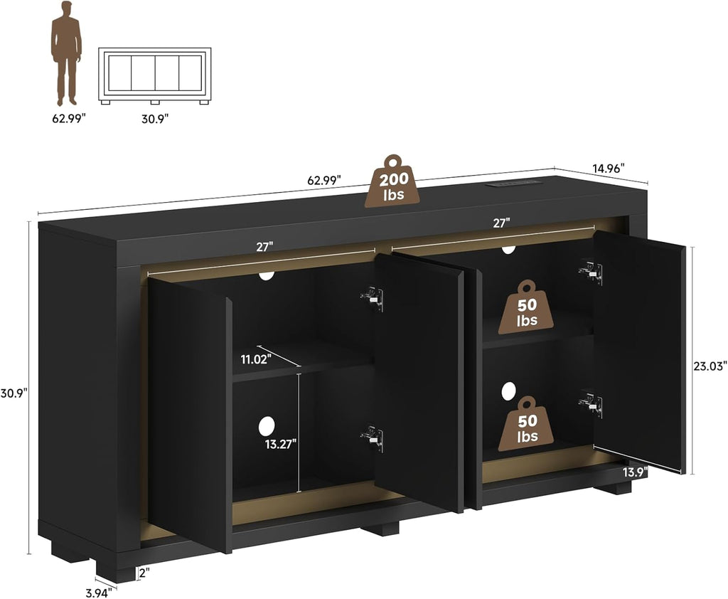 63"Sideboard Buffet Cabinet,Kitchen Buffet Storage Cabinet with Power Outlets & LED Light, Modern Storage Cabinet with 4 Doors,Coffee Bar Console Wine Bar for Living Room,Kitchen,Hallway (Black)