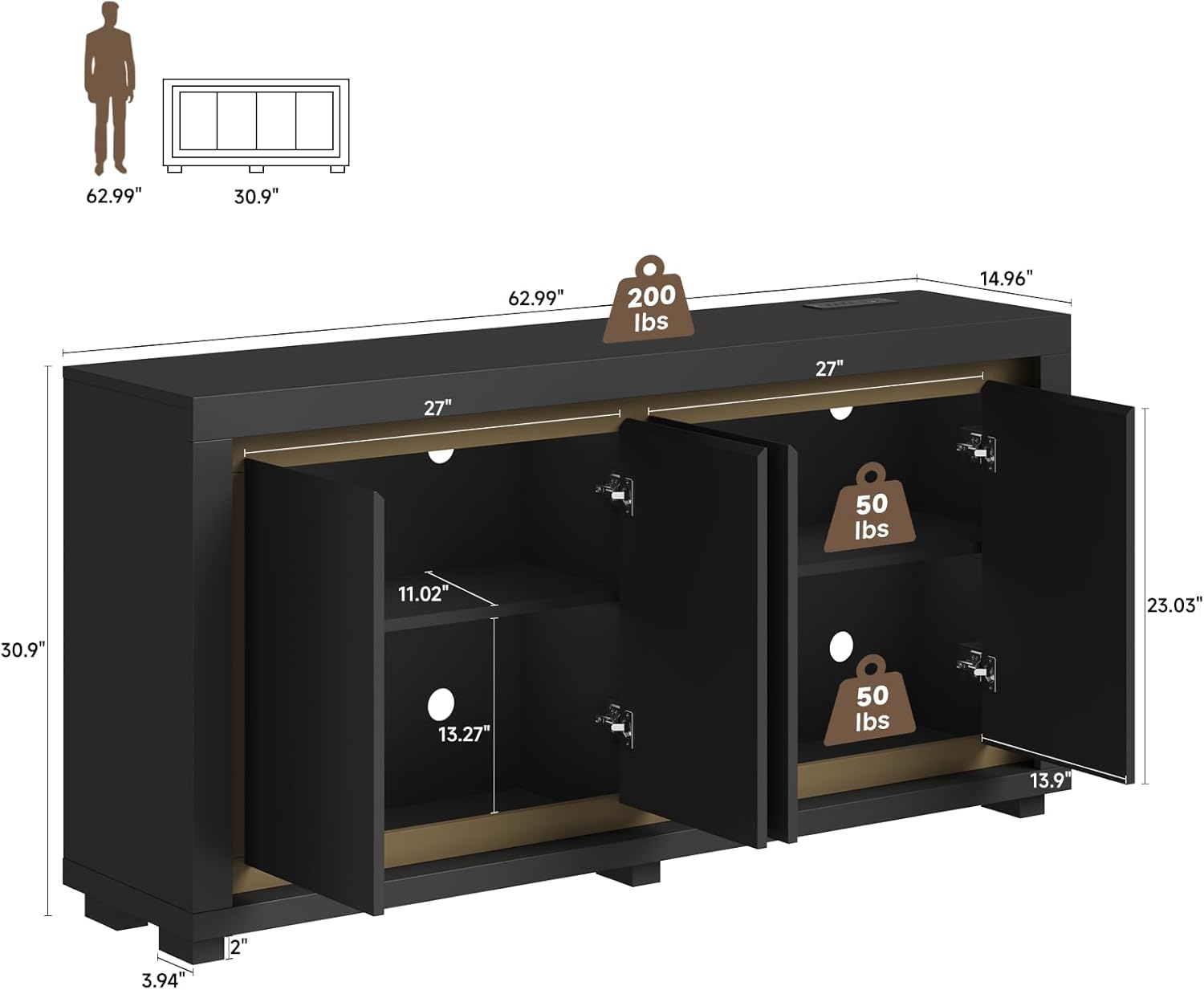 63"Sideboard Buffet Cabinet,Kitchen Buffet Storage Cabinet with Power Outlets & LED Light, Modern Storage Cabinet with 4 Doors,Coffee Bar Console Wine Bar for Living Room,Kitchen,Hallway (Black)