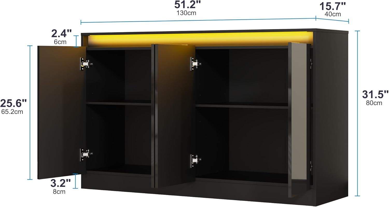 Furnify 51" W Buffet Cabinet with 4 Doors, High Gloss Sideboard Coffee Bar with LED Lights & Charging Station, Handless Modern Sideboard Storage Cabinet for Living Room, Entryway, Black