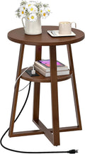 HOOBRO Round Side Table with Charging Station, Round Accent End Table with Bamboo Legs for Living Room, Bedroom, Brown, BR101UBZ01