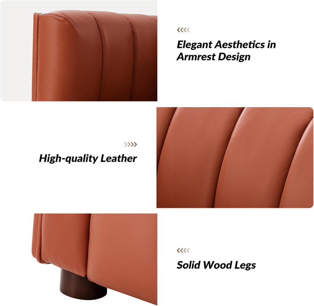 HULALA HOME 83" Genuine Leather Sofa with Channel Tufted Design, 3-Seater Sofa for Living Room Bedroom, Modern Oversized Couch with Wood Legs, Brick
