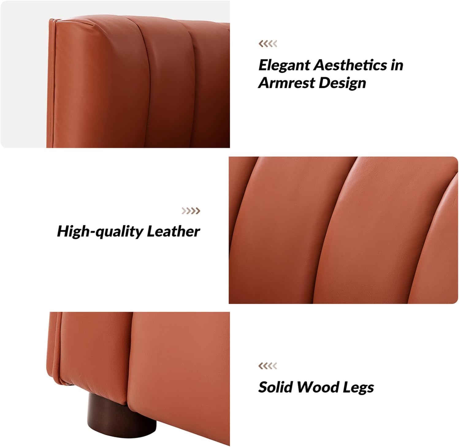 HULALA HOME 83" Genuine Leather Sofa with Channel Tufted Design, 3-Seater Sofa for Living Room Bedroom, Modern Oversized Couch with Wood Legs, Brick
