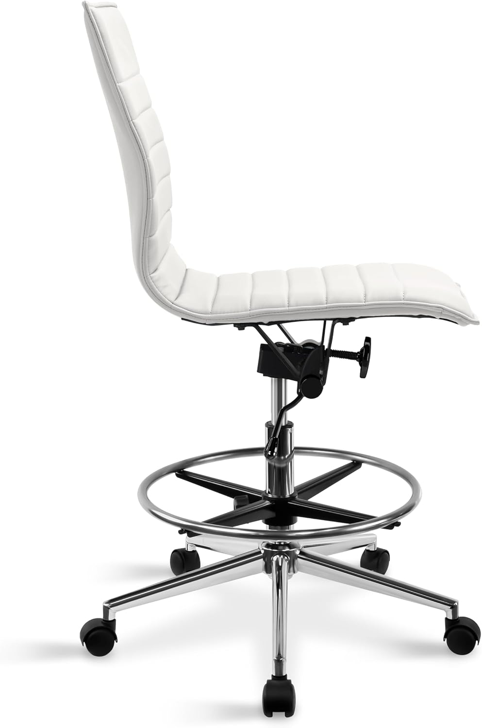 2xhome Modern Drafting Chair | Upholstered PU Leather Ribbed | Tall Adjustable Swivel Base with Leg Rest and Tilt Lock for Computer, Home, Executive, Conference (1, White, Armless)