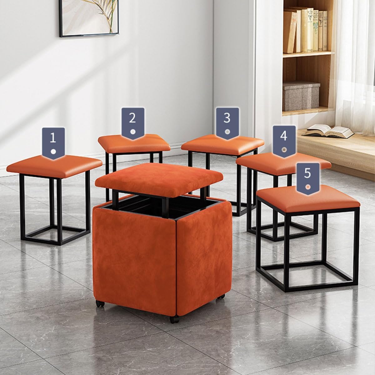 YCKEGEW Dining Chair Stools 5 in 1 Nesting Cube Stool Ottoman with Swivel Casters,17.7 * 17.7in Leather Padded Seating Stacking Stool Footrest for Counch(Orange)