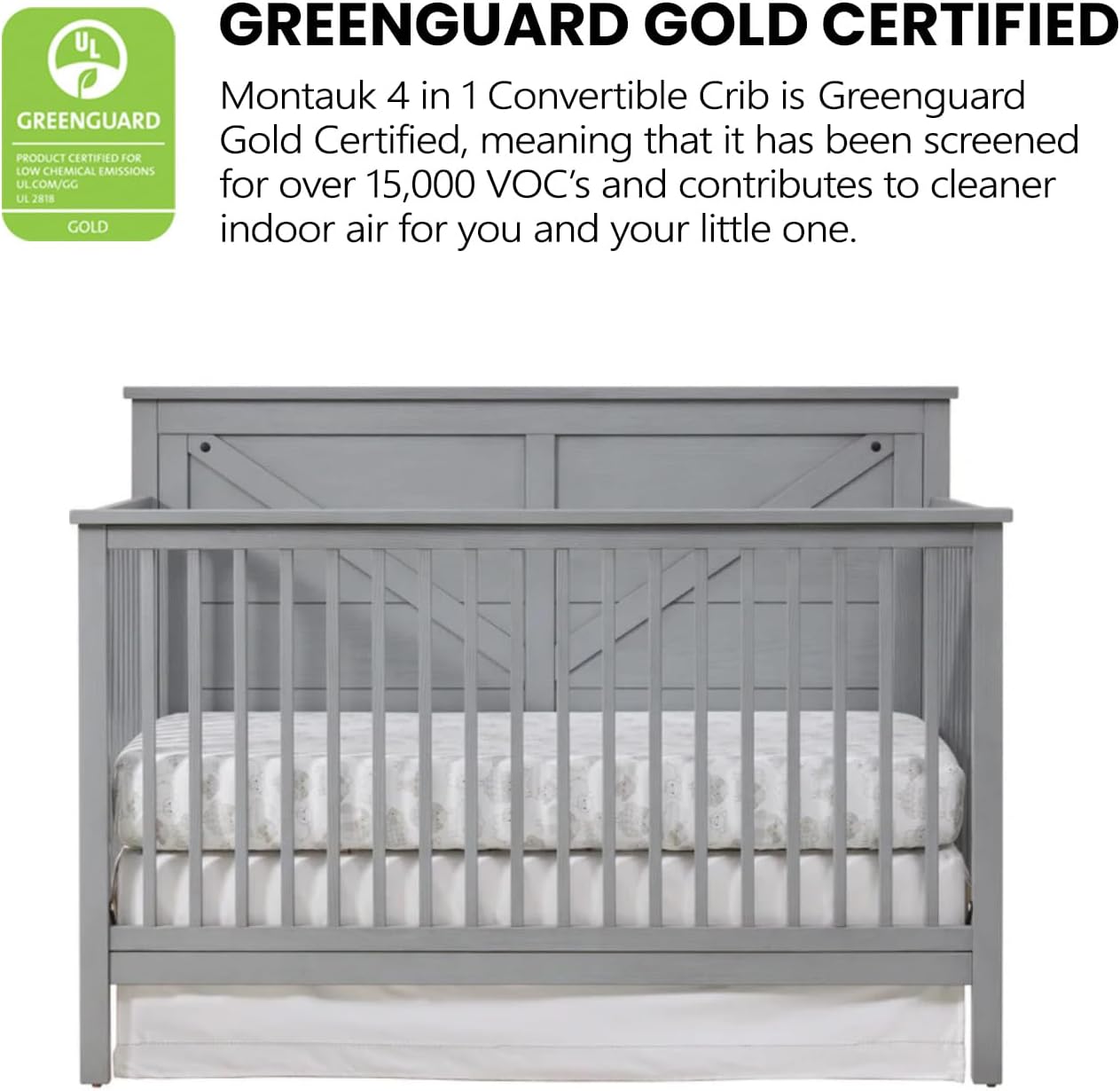 Oxford Baby Montauk 4-in-1 Convertible Crib, Farmhouse Gray, GreenGuard Gold Certified