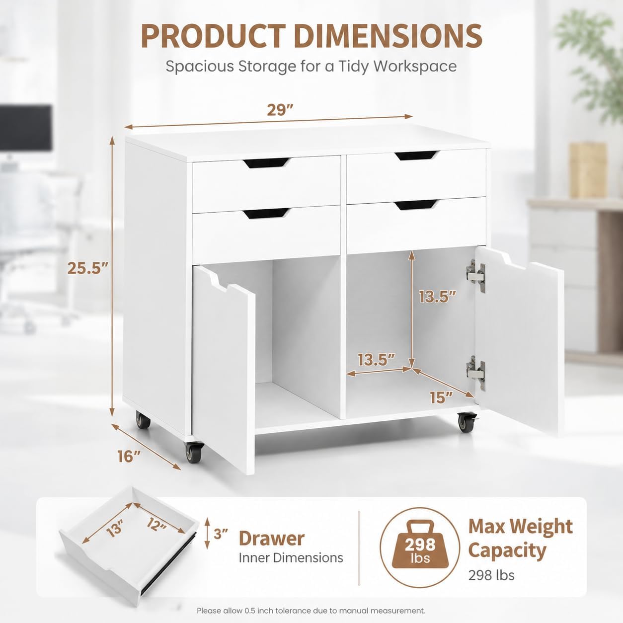 POWERSTONE Mobile File Cabinet with 4 Drawers & 2 Door, Rolling Under Desk Storage Chest with Lockable Wheels, Wood Printer Stand for Home Office Craft Room, White