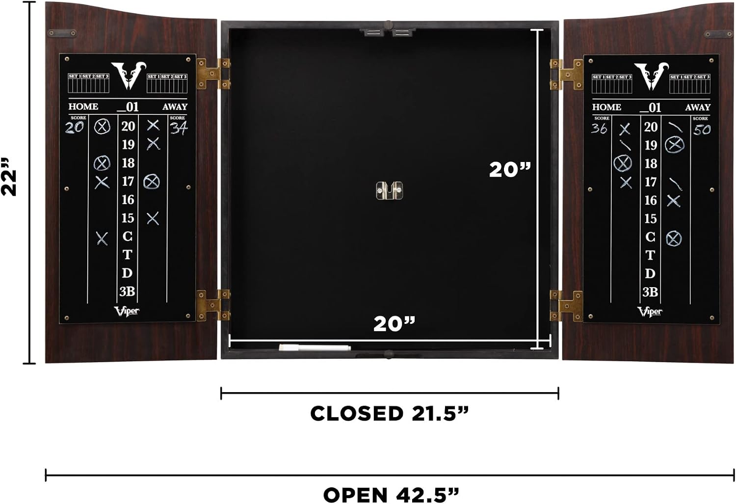Viper Vault Cabinet & Shot King Sisal/Bristle Dartboard Ready-to-Play Bundle with Two Sets of Steel-Tip Darts, Throw Line, and Dry Erase Scoreboards, Walnut Finish