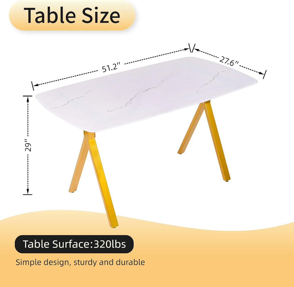 Modern Rectangular Tempered Glass Dining Table for 6, Marble Patterned Glass Top with Metal Legs, Glass Dining Table for Kitchen Living Room (White, Support Legs)
