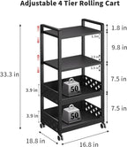 Adjustable 4 Tier Rolling Cart Metal Utility Carts with Lockable Wheels Rolling Storage Cart for Kitchen Bathroom Office Bar Microwave Laundry Snack Coffee Craft Organizer Black