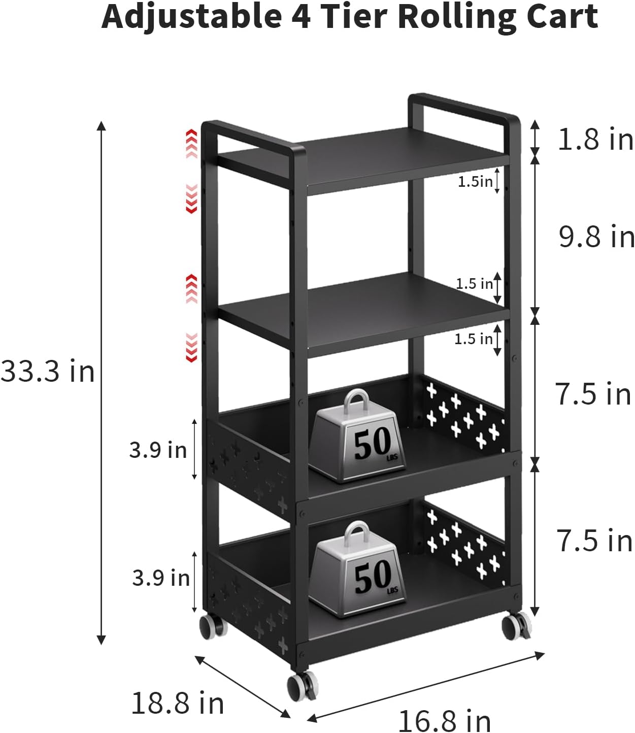 Adjustable 4 Tier Rolling Cart Metal Utility Carts with Lockable Wheels Rolling Storage Cart for Kitchen Bathroom Office Bar Microwave Laundry Snack Coffee Craft Organizer Black
