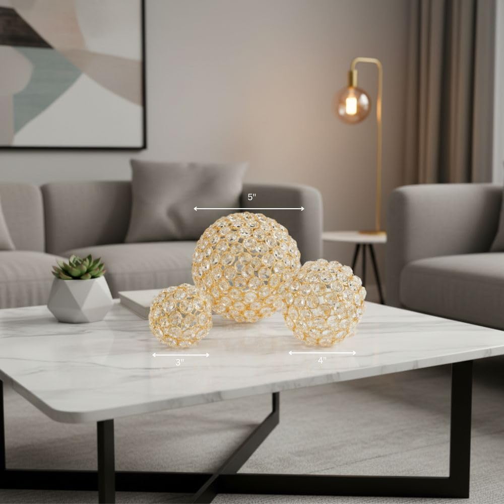 Facetas Decorative Crystal Sphere Fillers – Set of 2 Handcrafted Decorative Orbs, Available in all Crystal Silver & Gold, or in Silver & Gold with added Faux Pearls, 3", 4" or 5" Diameter