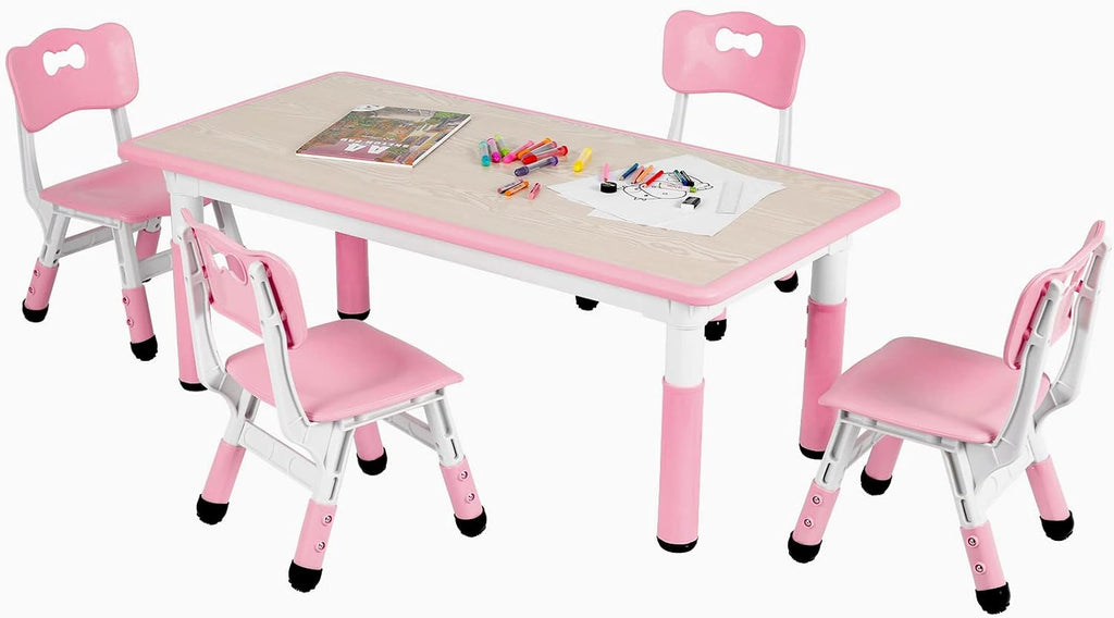 Arlopu Kids Table and 4 Chairs, Height Adjustable Toddler Desk & Chair Set, Anti-Slip Legs, Graffiti Desktop, Children Large Multi-Activity Table with 47.2" x 23.6", Classroom, Homes, Daycares (Pink)