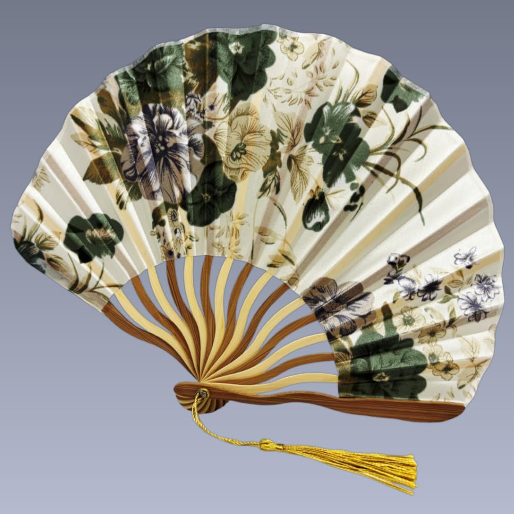Vintage Floral Folding Hand Fan with Tassel, Chinese Style Fabric Hand Fan for Wedding, Dance, and Home Decor, Portable Elegant Fan for Women (Green Floral)