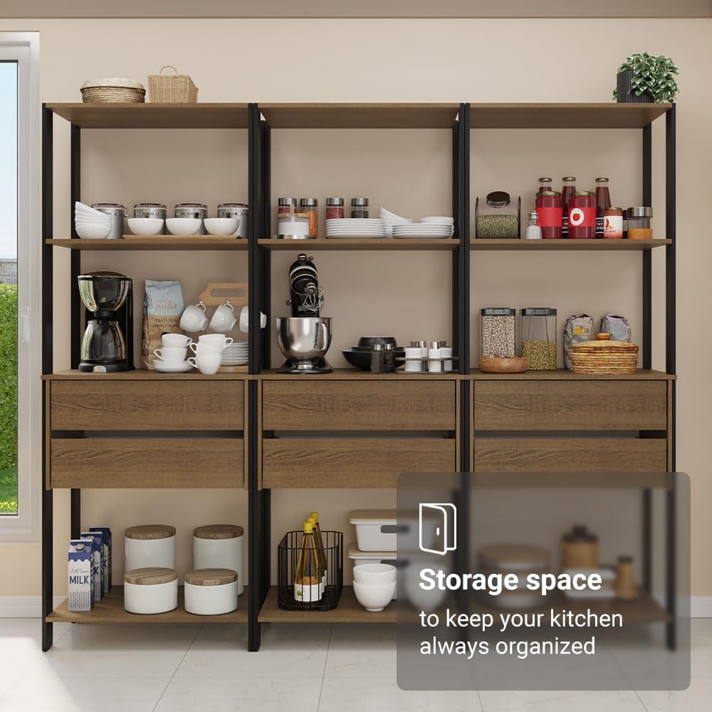 Madesa Kitchen Pantry Storage Rack with 6 Drawers and Open Shelves 82" L Multiuse Modular Cabinet for Kitchen Organization (Black/Brown)
