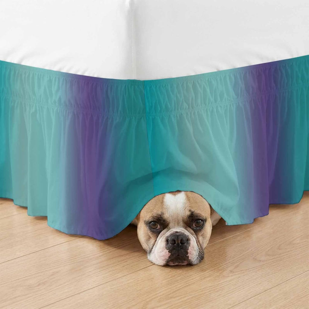 Teal Purple Ombre Bed Skirt King Size 18 Inch Drop, Wrap Around Bed Skirts, Modern Art Abstract Aesthetics Elastic Bedskirt Pleated Bed Frame Cover Luxurious Dust Ruffle for King Bed