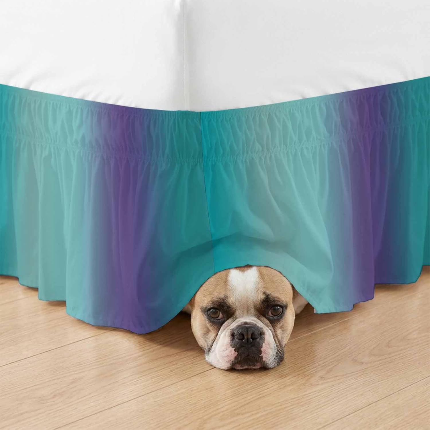 Teal Purple Ombre Bed Skirt King Size 18 Inch Drop, Wrap Around Bed Skirts, Modern Art Abstract Aesthetics Elastic Bedskirt Pleated Bed Frame Cover Luxurious Dust Ruffle for King Bed