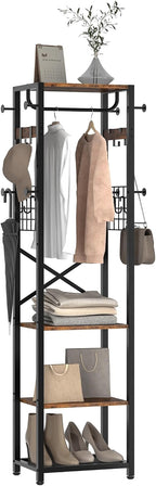 CHOEZON Coat Rack with Shelves, Freestanding Hall Tree, Coat Tree with 16 Hooks and Hanging Rail, Industrial Clothes Stand for Entryway, Hallway, Bedroom, Rustic Brown and Black TYM18BF