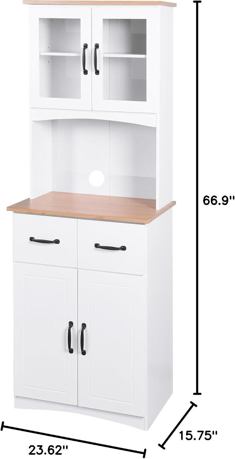 White Wooden Kitchen Pantry Cabinet with Glass Doors & Drawers – 66.9" Tall Microwave Stand with Adjustable Shelves, Storage Hutch for Dishes, Appliances & Utensils (23.62"L x 15.75"W, MDF)