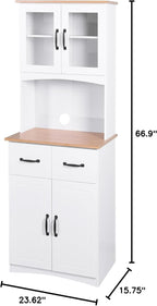 White Wooden Kitchen Pantry Cabinet with Glass Doors & Drawers – 66.9" Tall Microwave Stand with Adjustable Shelves, Storage Hutch for Dishes, Appliances & Utensils (23.62"L x 15.75"W, MDF)