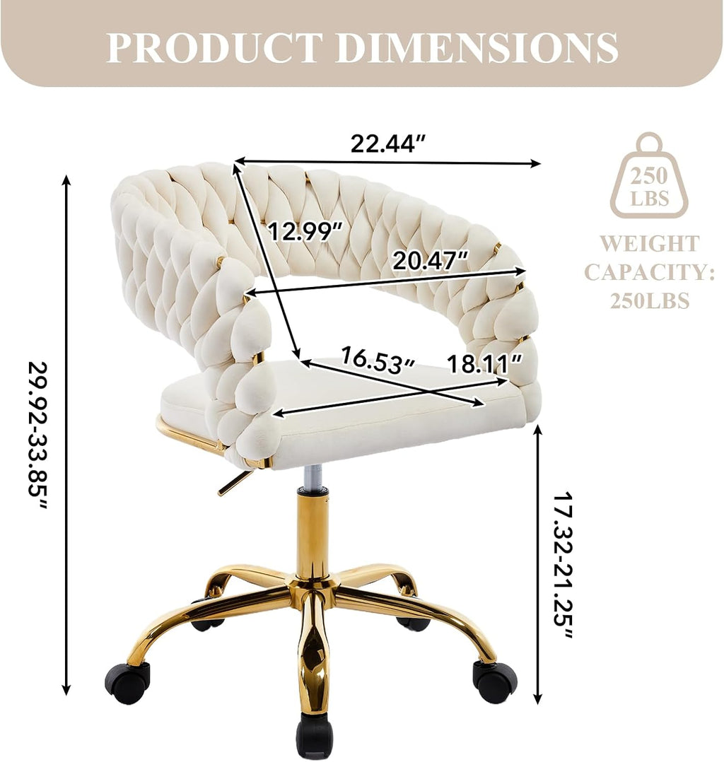 NIOIIKIT Woven Home Office Chair, Velvet Upholstered Desk Chair with Open Back, Height Adjustable Task Chair, Office Armchair with Wheels, Vanity Chair, Computer Chair for Office (Beige)