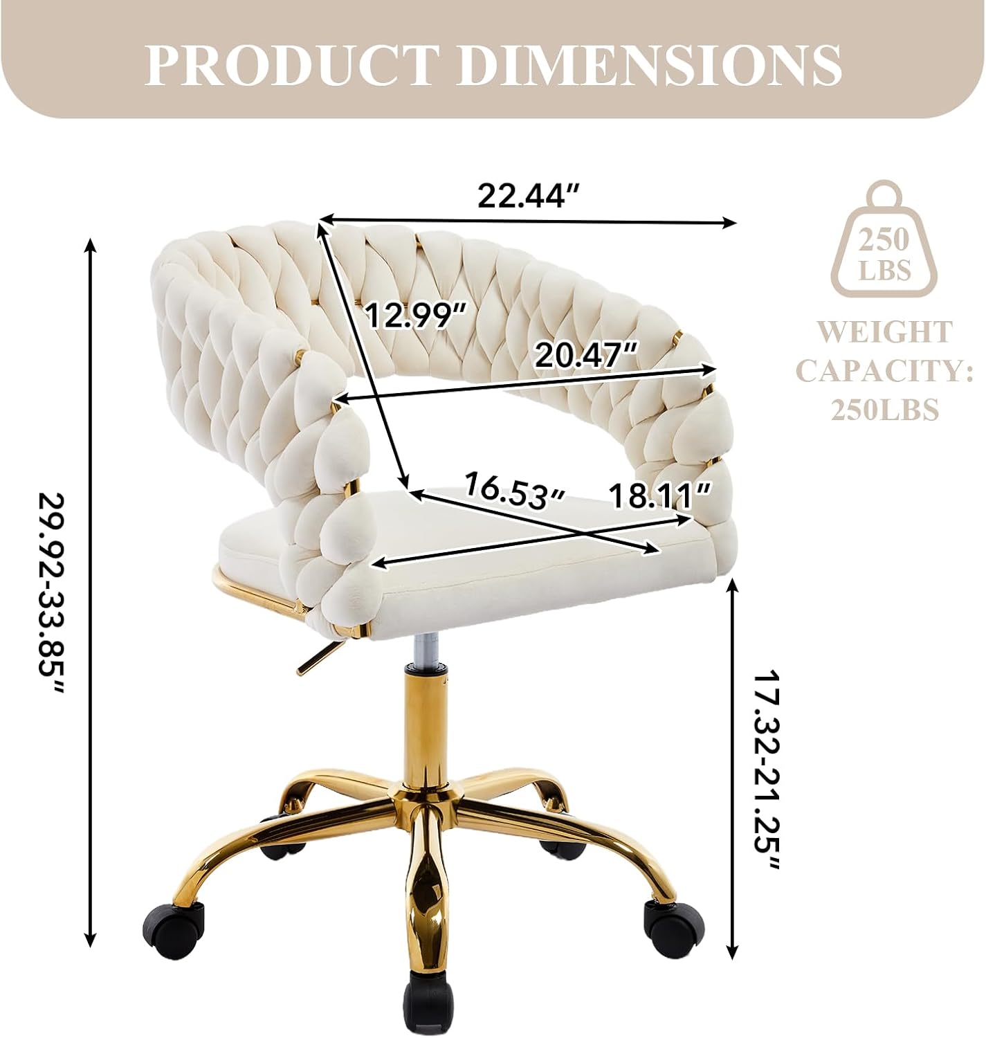 NIOIIKIT Woven Home Office Chair, Velvet Upholstered Desk Chair with Open Back, Height Adjustable Task Chair, Office Armchair with Wheels, Vanity Chair, Computer Chair for Office (Beige)